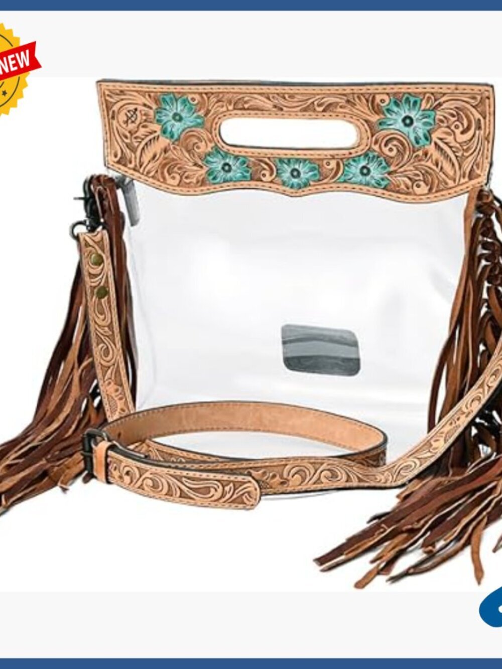 Clear Stadium Bag with Leather Fringe Hand Tooled Floral Trim Shoulder Strap